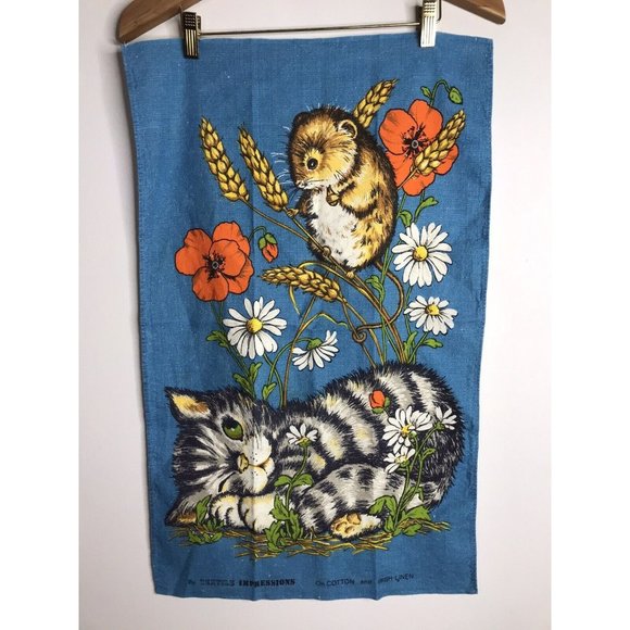 Vintage Textile Impressions Cotton Linen Tea Towel Cat Kitten Mouse Cute Floral - Picture 1 of 7